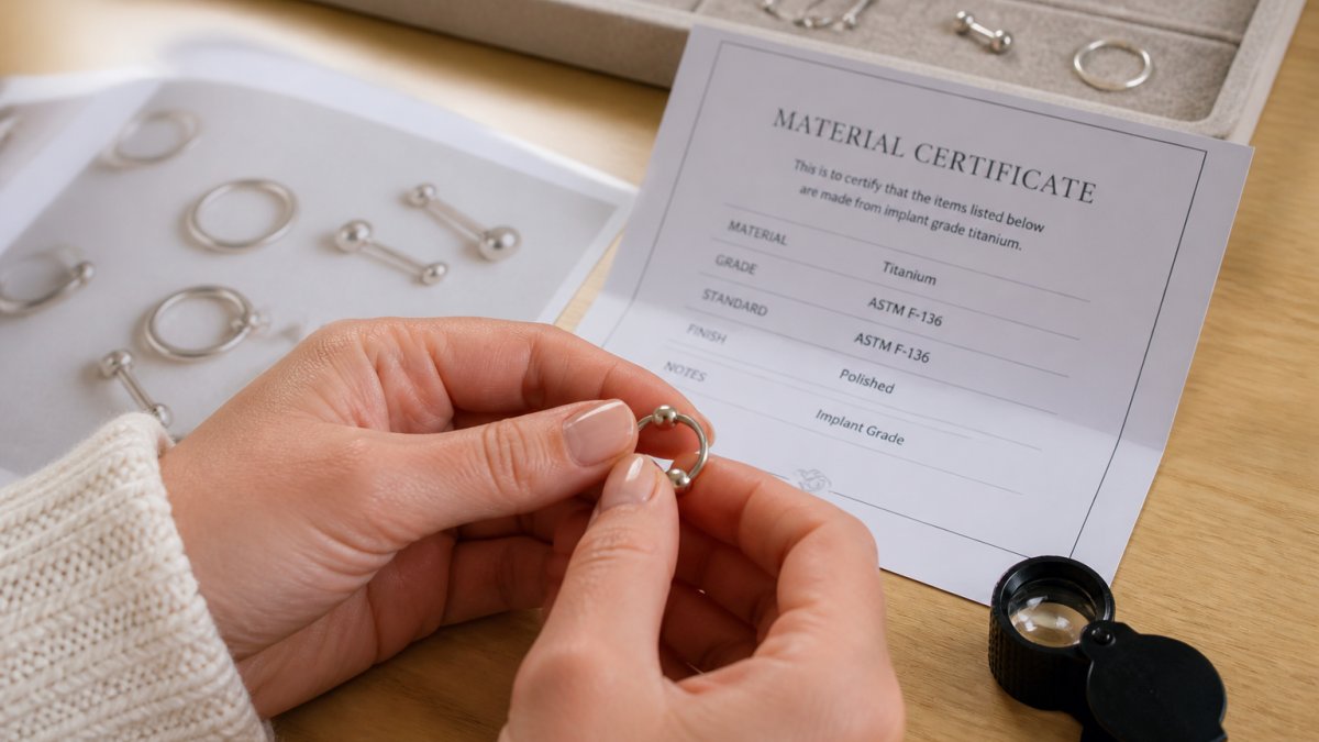 Close-up of hands holding a titanium jewelry piece next to printed material certificate and documentation, showing inspection details under natural lighting