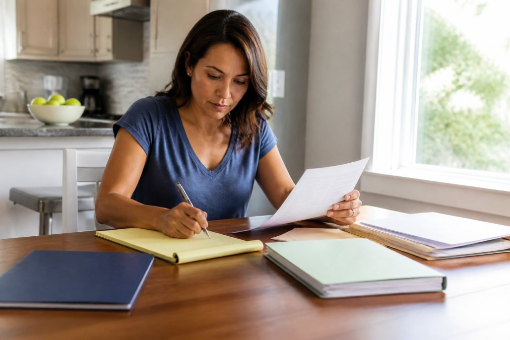 A person sitting at a kitchen table reviewing multiple insurance policy documents and taking notes on a legal pad with a pen, warm natural light from a window