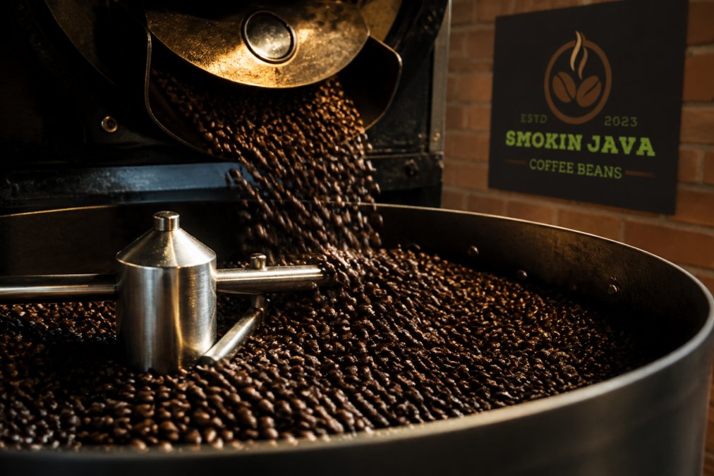 Close-up of dark roasted coffee beans tumbling inside a drum roaster with warm amber light reflecting off the metal