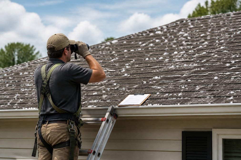 Homeowner using binoculars on a ladder to identify minor roof damage after hail using a checklist