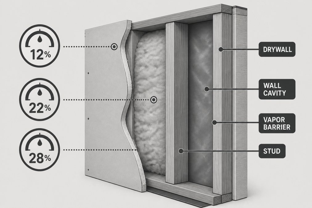 Diagram of wall moisture levels showing potential mold growth in walls across drywall, insulation, and framing.