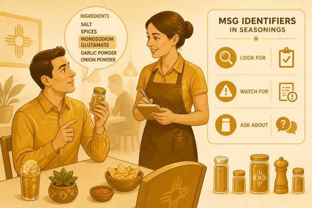 Person at a restaurant table examining a seasoning shaker while engaged in conversation with a server, showing natural interaction and engagement in a warm dining setting