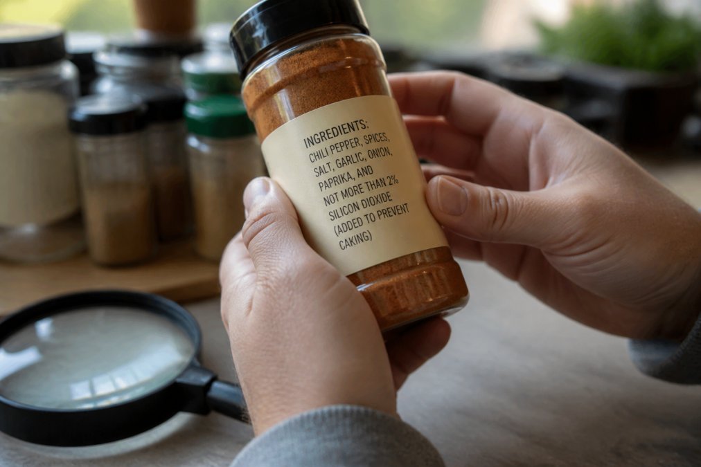 Close-up of a spice jar label being examined by hands, showing ingredient list clearly visible under natural light with a magnifying glass nearby