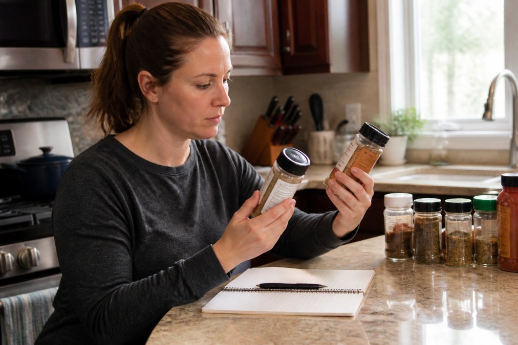 Person in a kitchen holding multiple spice jars, comparing labels while making notes on a checklist, with bright natural light from a window