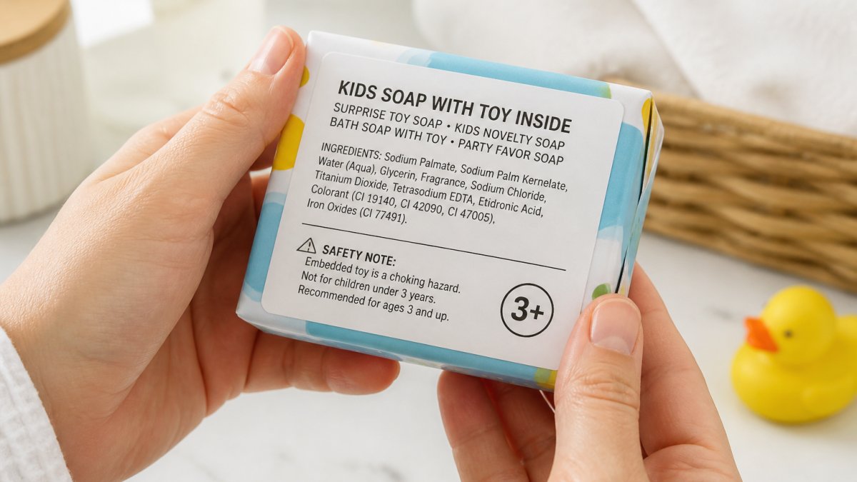 Close-up of hands holding a natural soap bar with visible ingredient label, showing someone reading the text carefully with natural lighting