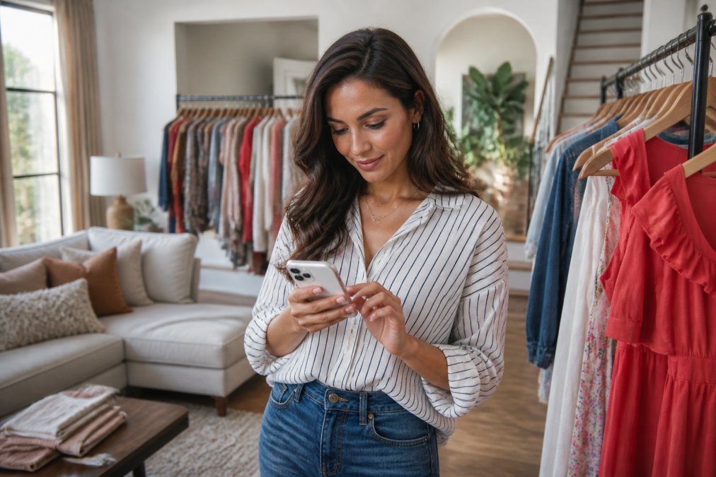 A woman in a bright, modern living room scrolling through a fashion app on her phone, surrounded by clothing racks with colorful new-season pieces
