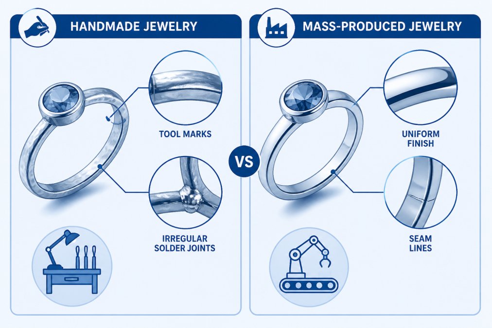 Side-by-side diagram comparing surface details: handmade jewelry showing slight tool marks and irregular solder joints vs. mass-produced jewelry showing uniform, machine-perfect finish and seam lines