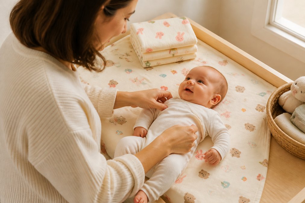 A parent gently dressing a newborn in soft white organic cotton clothing on a light wooden changing table, warm natural light filtering through a nearby window