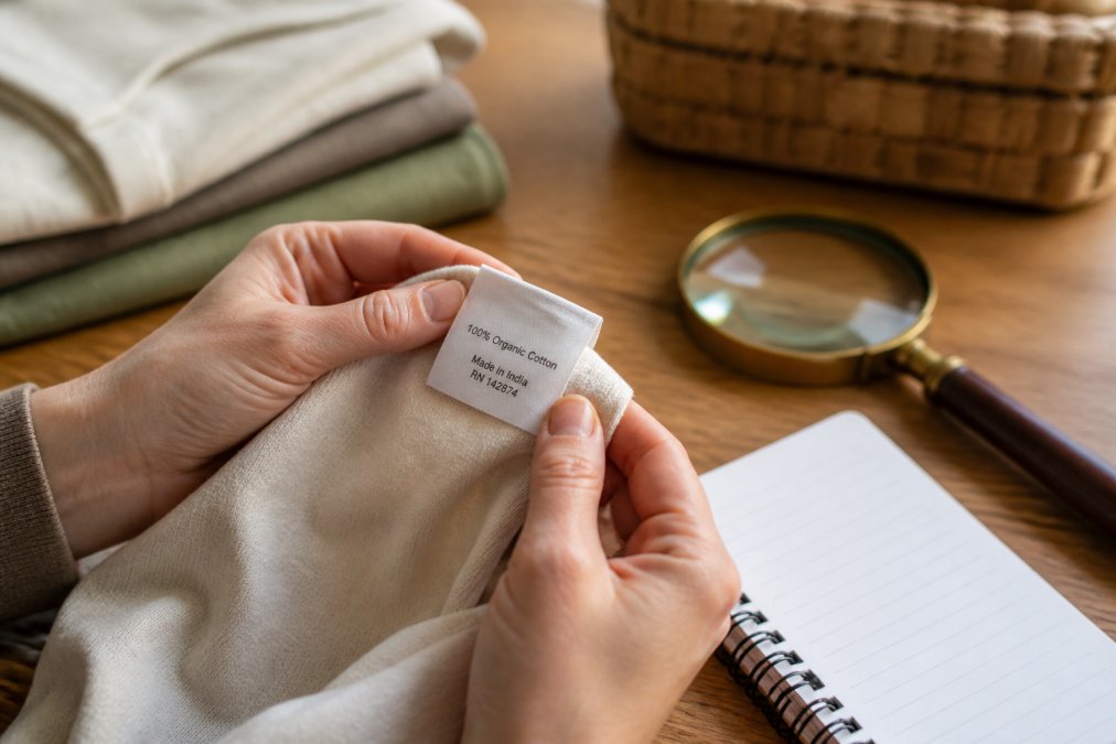 Close-up of hands examining a fiber label with a magnifying glass to identify non toxic clothing materials.
