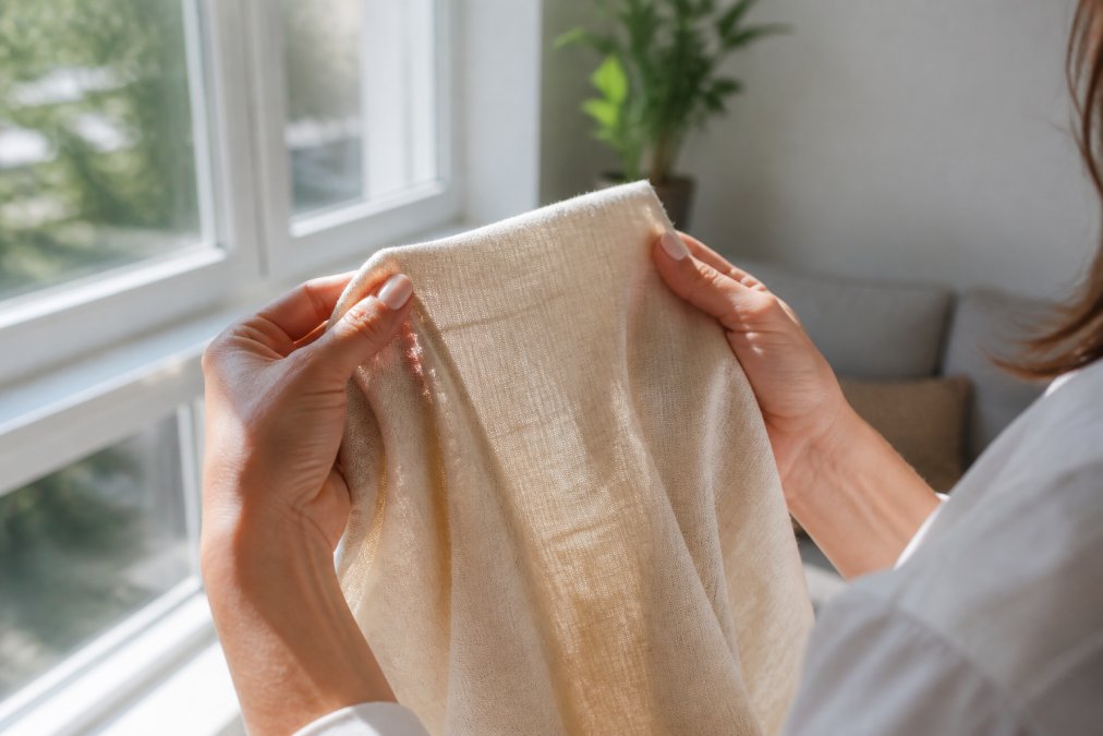 Close-up of a woman's hands holding a piece of natural-colored bamboo fabric up to a bright window, examining its weave and texture in a sunlit living room