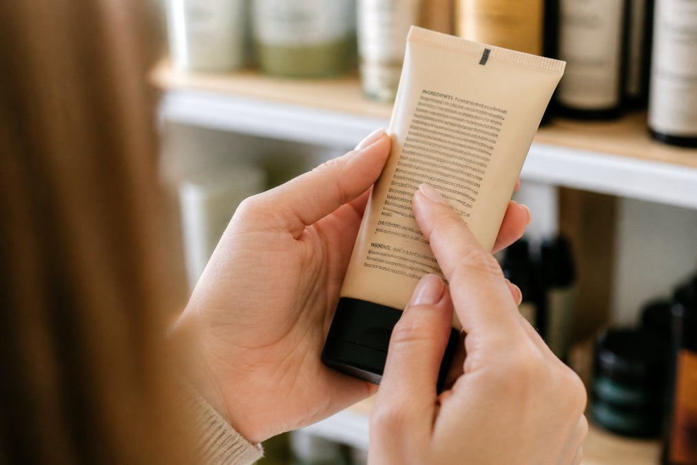 Close-up of hands holding a makeup product with visible ingredient label under natural light, showing someone examining the fine print carefully