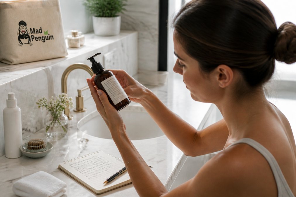 Close-up of a woman in a bright bathroom holding a skincare bottle up to the light, reading the ingredient list on the back label while a notebook with handwritten notes sits on the counter