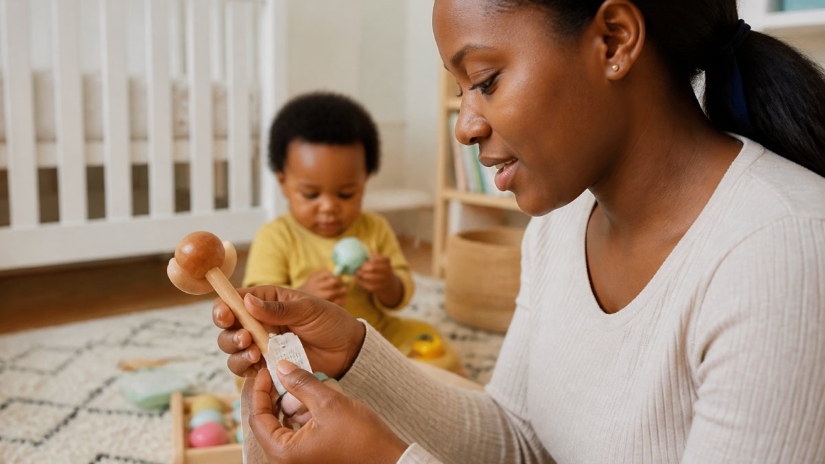 Parent inspecting the label of a wooden toy to identify non-toxic toy materials in a nursery.