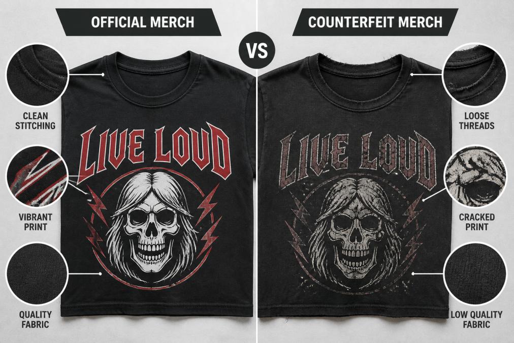 Close-up side-by-side of two band t-shirts laid flat on a light grey surface, one showing crisp vibrant screen-printed artwork with clean double-stitched seams, the other showing faded cracked print and loose threads along the collar, under even studio lighting