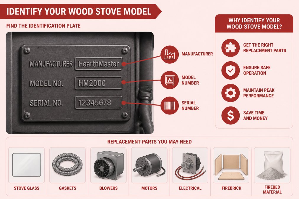 Close-up diagram highlighting the location of a wood stove manufacturer plate, model number, and serial number.