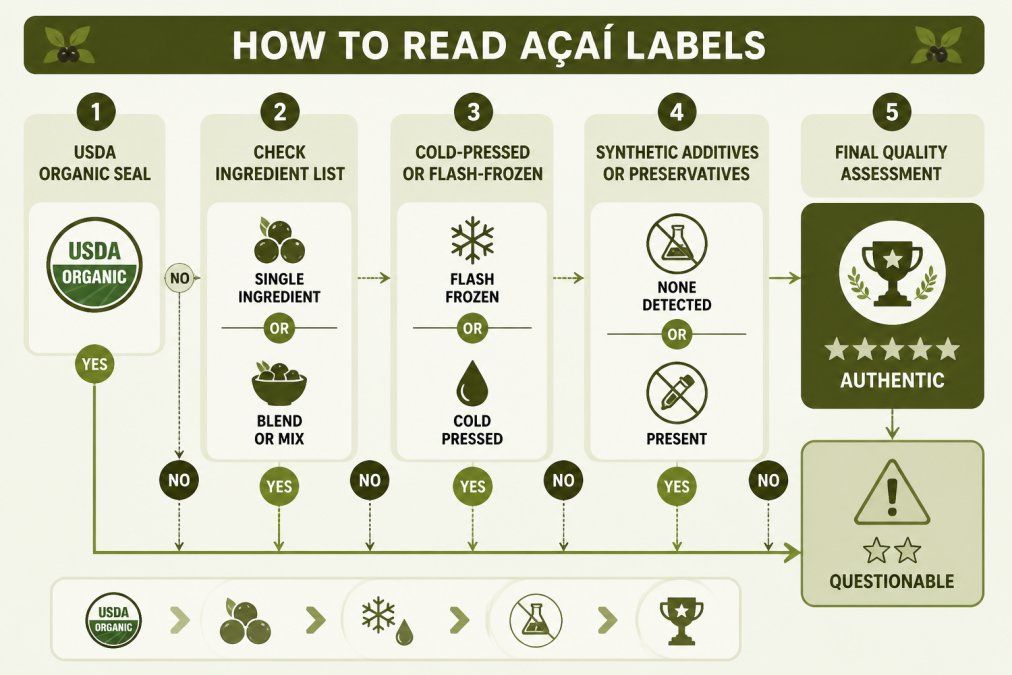 Flowchart showing decision tree for label reading: Start with USDA organic seal (yes/no) → Check ingredient list (single ingredient vs. blend) → Identify cold-pressed or flash-frozen notation → Look for synthetic additives or preservatives → Final quality assessment (authentic vs. questionable)
