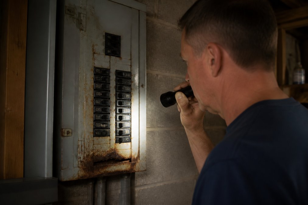 Close-up of a homeowner examining an older electrical panel with a flashlight, noticing scorch marks and rust on the breaker box in a dim garage
