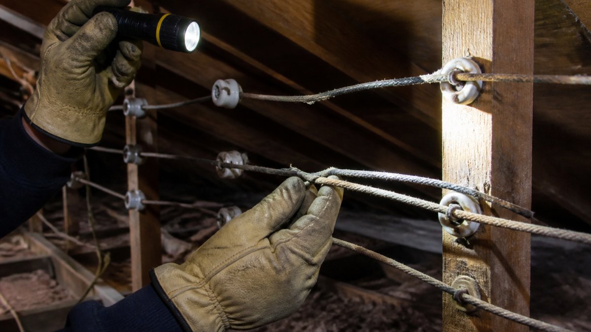Close-up of an electrician's gloved hands examining exposed knob-and-tube wiring with ceramic insulators inside an unfinished attic, flashlight beam illuminating the aged conductors