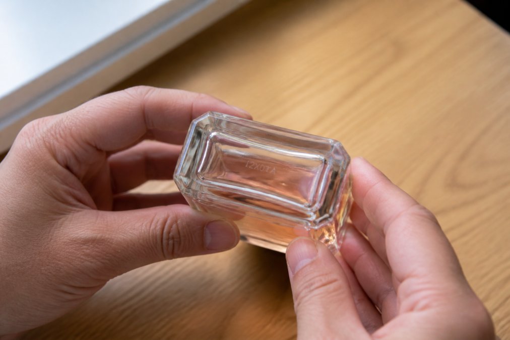 Close-up of a person's hands holding a glass perfume bottle upside down over a light wood table, revealing a small etched batch code on the base, soft natural window light