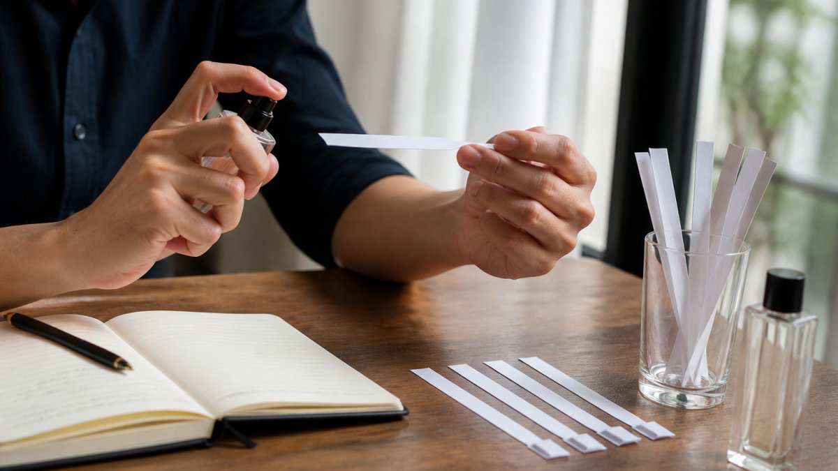 Step-by-step guide showing how to test perfume on paper strips to identify fragrance notes correctly