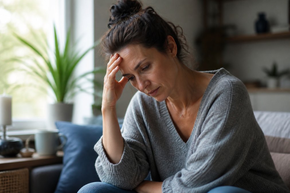 Woman in her 40s at home looking thoughtful with hand to forehead, natural lighting from a window, suggesting fatigue or concern about health changes
