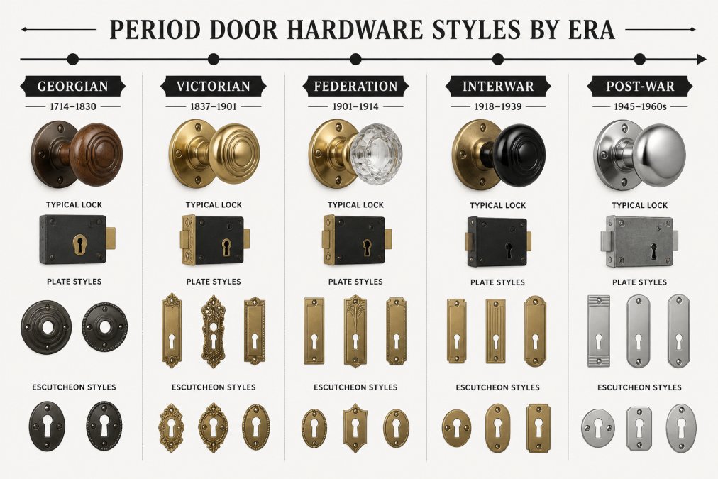Timeline mapping architectural periods to door hardware: Georgian wooden knobs and rim locks, Victorian brass knobs and ornate backplates, Federation faceted glass and brass, Interwar plain brass and Bakelite, Post-war pressed metal and chrome, each with typical plate and escutcheon styles