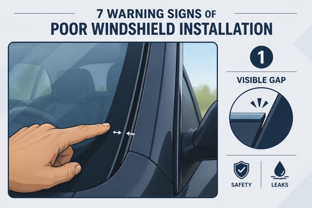 Close-up of a car windshield edge showing a visible gap between the glass and the A-pillar trim, with a hand pointing at the misaligned seal in daylight