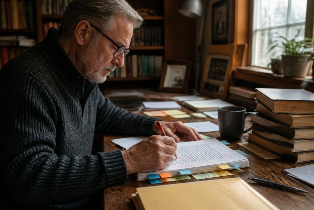 A writer sitting at a wooden desk in a quiet study, red pen in hand, marking up a printed manuscript covered in handwritten notes and sticky tabs, a mug of tea beside a stack of well-worn crime novels