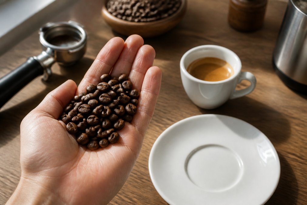 Close-up of a hand holding a small pile of roasted coffee beans next to a white ceramic saucer and a single brewed espresso, with soft natural window light highlighting the bean crease and surface oils