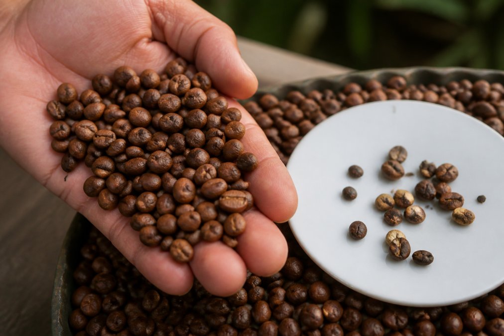 Close-up of a hand holding a handful of freshly roasted, evenly colored coffee beans in natural light, with a few defective beans visible on a white surface nearby
