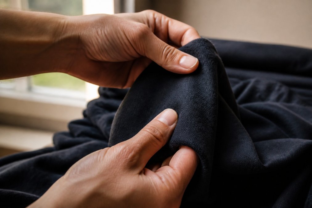Close-up of hands gently feeling the texture and weight of a premium band tee fabric, fingers assessing the softness and density between thumb and forefinger with natural window lighting