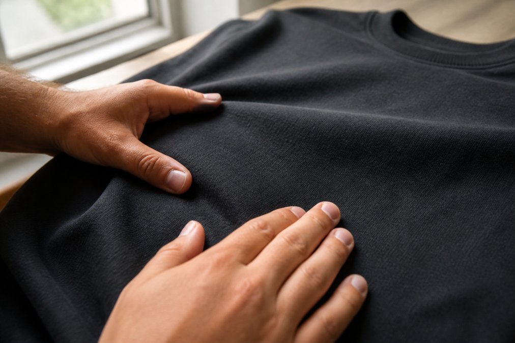 Close-up of hands gently running fingers across the surface of a heavyweight cotton t-shirt, examining the weave texture and fabric density in natural window lighting