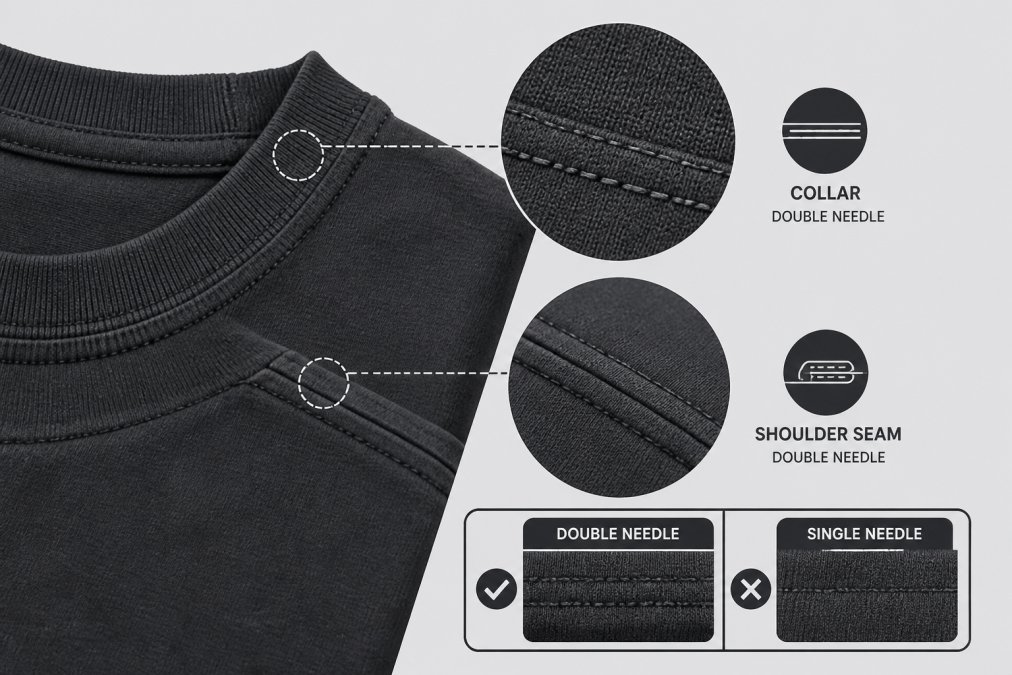 Detailed close-up of double-needle stitching on a t-shirt seam and collar, showing the reinforced parallel threads and construction quality under bright, direct lighting