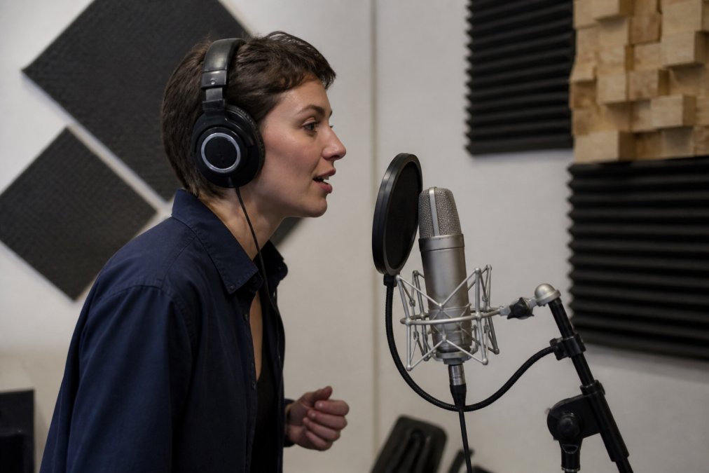 A voice actor in a home recording studio wearing headphones and speaking into a condenser microphone with acoustic foam panels visible on the wall behind them