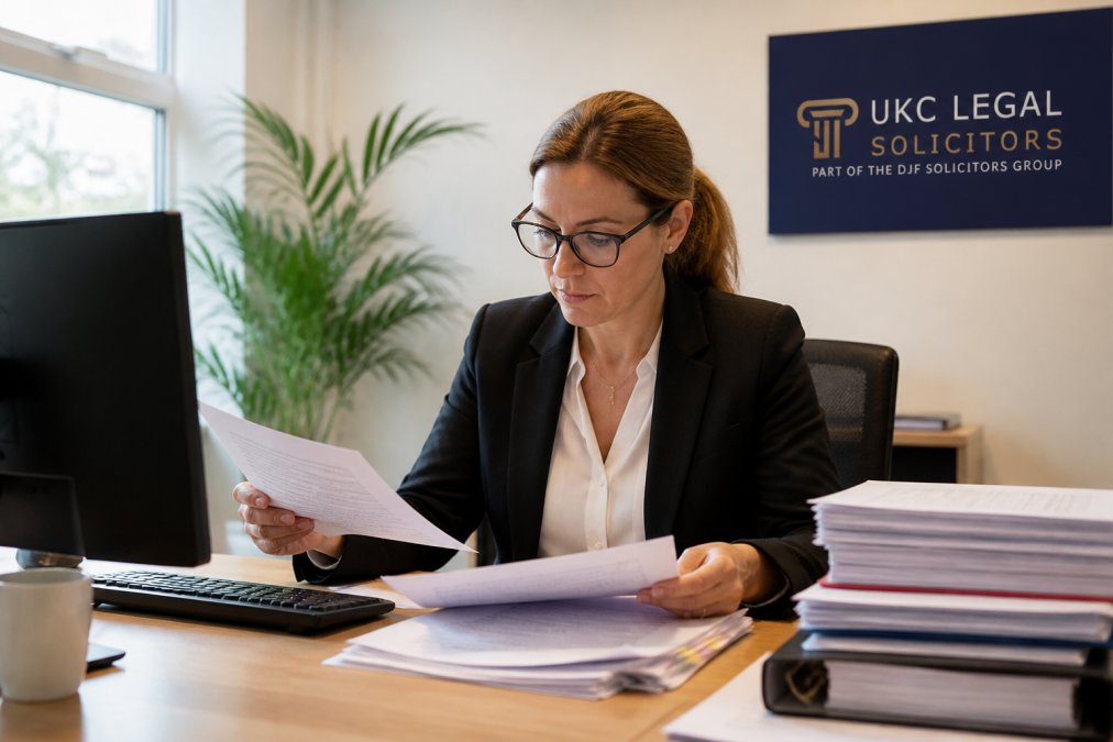 Professional conveyancer reviewing property title documents and Land Registry printouts at a desk with computer monitor, natural office lighting