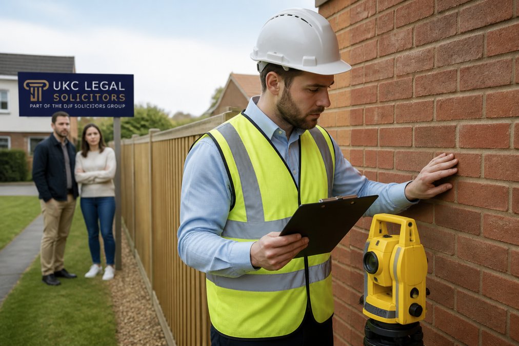 Property surveyor examining brick exterior wall and boundary fence with clipboard and measuring equipment during residential inspection