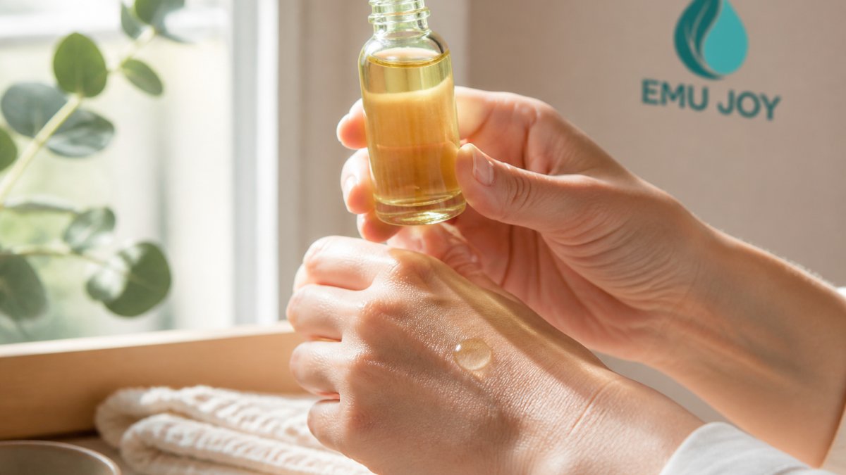 Close-up of a person's hands holding a small glass bottle of pale yellow emu oil up to soft natural window light, with a drop of oil on the back of one hand to show its texture