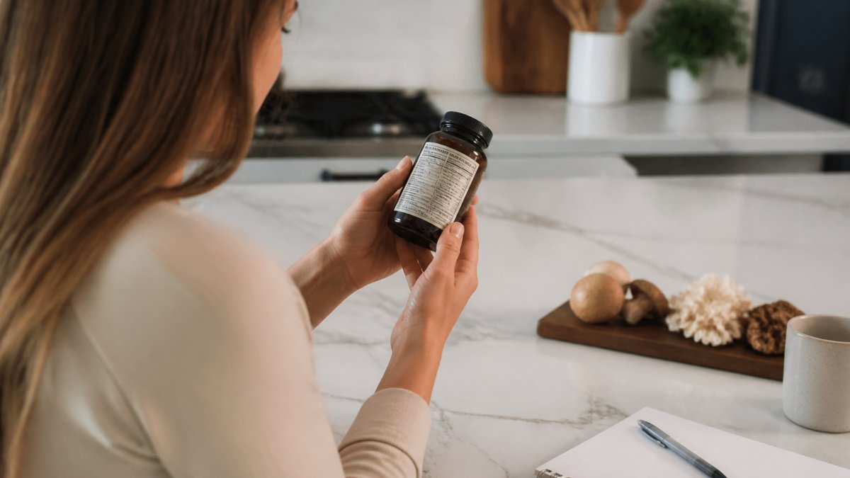 Close-up of a person's hands holding a mushroom supplement bottle, turning it to read the ingredient panel in a bright kitchen