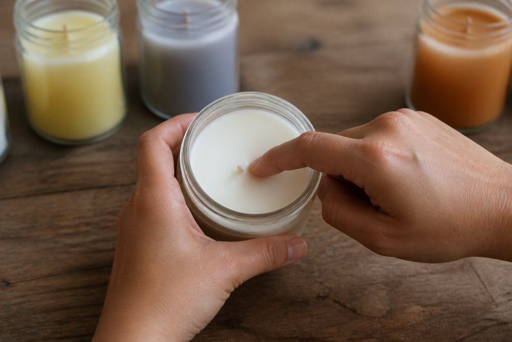 Close-up of a person's hands gently pressing and examining the surface of an unlit jar candle on a wooden table, with a few other candles of different wax colors in the background