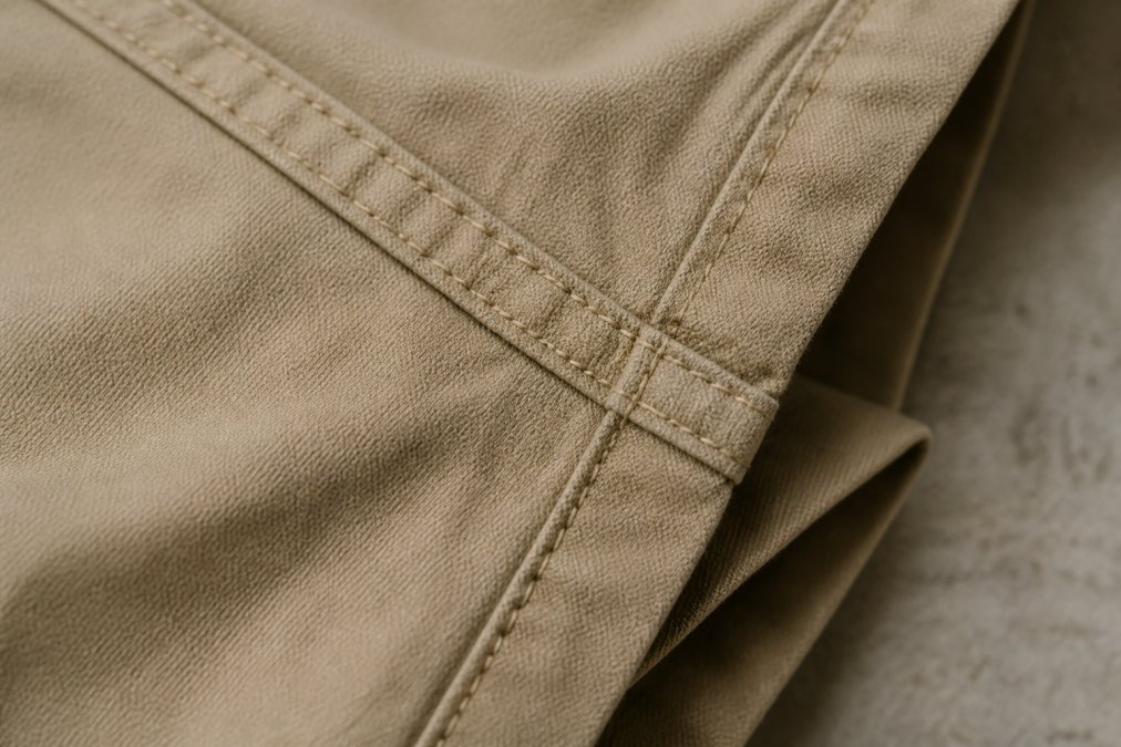 Close-up of a garment's seam showing tight, even stitching with reinforced seams and proper thread tension on quality fabric
