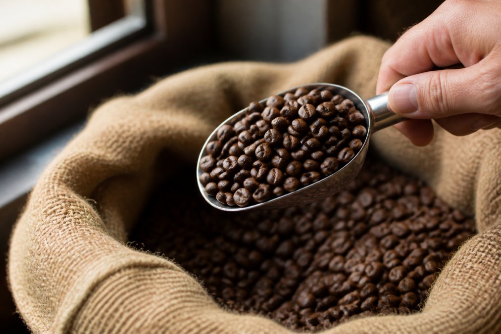 Close-up of a hand holding a small scoop of roasted coffee beans over a burlap sack, showing the beans' even color and glossy surface in natural window light