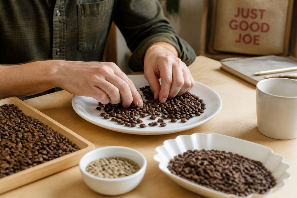 Hands sorting roasted quality coffee beans on a white plate to inspect for defects and uniformity under natural light