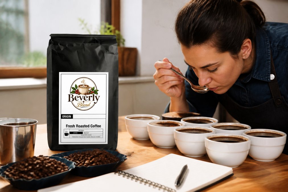 Home coffee enthusiast performing a cupping session with multiple small cups of brewed coffee, notebook for tasting notes, and a spoon for slurping