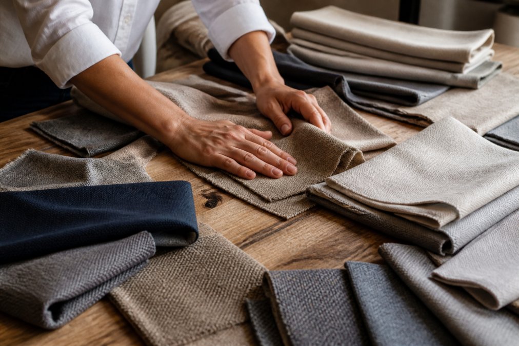 Close-up of hands running fingers across different fabric samples, examining texture and hand-feel during quality assessment in natural lighting