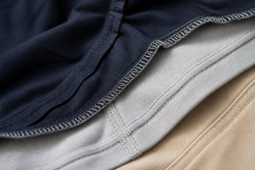 Detailed close-up of garment seams and stitching showing quality construction details, thread integrity, and finished edge work under bright studio lighting
