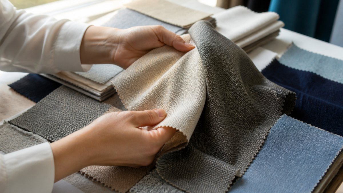 Infographic illustrating the tactile assessment process for evaluating fabric texture, weave consistency, and drape.