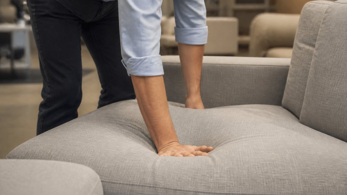 Hand pressing firmly on a sofa cushion to test foam density and frame stability during a quality inspection