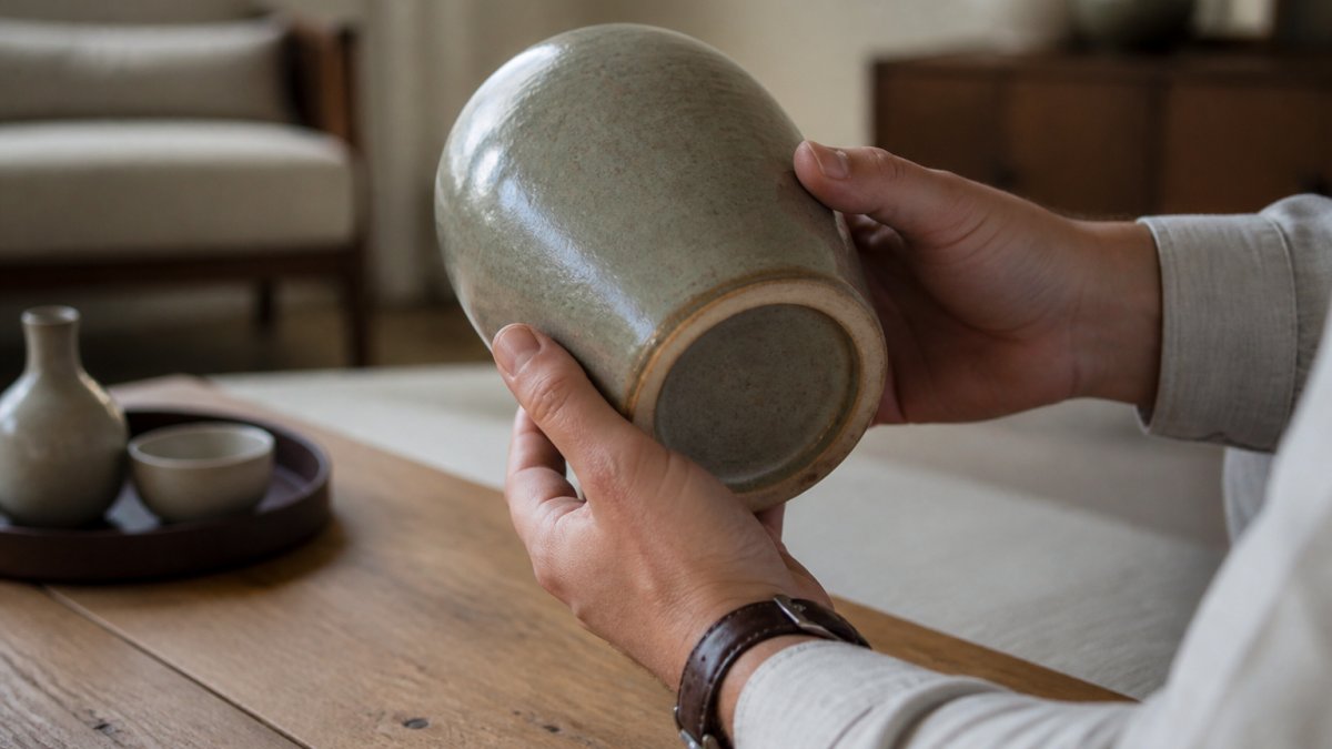 Close-up of hands turning over a ceramic vase to inspect the base and glaze, with a wooden table and soft natural light in a minimalist living room