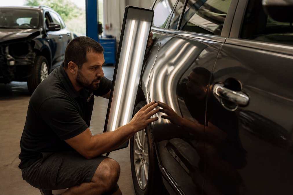 Professional technician using fluorescent work light and shadow board to inspect vehicle panel for dent repair quality, examining surface reflections and contours