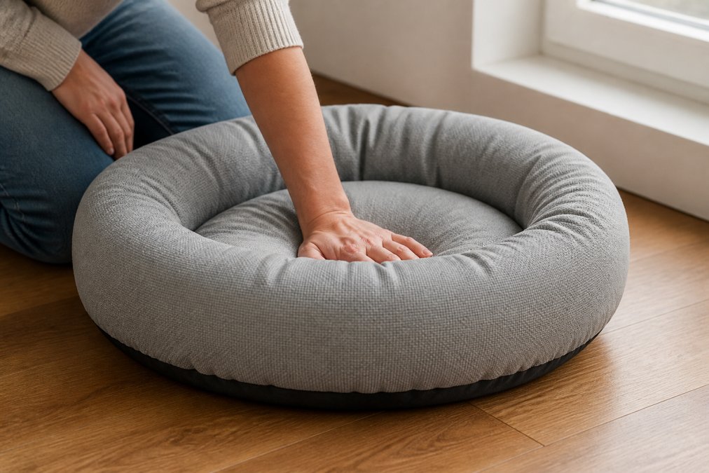 Close-up of a pet owner's hand pressing firmly into a plush pet bed cushion, testing the firmness and foam density, with natural window lighting highlighting the compression resistance